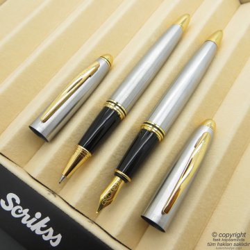 Scrikss 88 Gold Krom Dolma Kalem + Roller Kalem Seti | Scrikss Knight | İsme Özel Kalem | Hediye Kalem