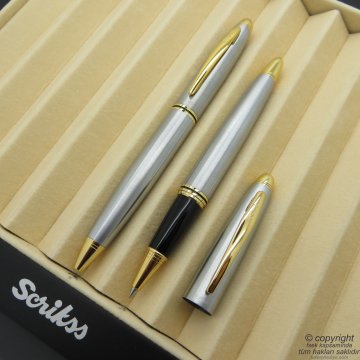 Scrikss 88 Gold Krom Roller Kalem + Tükenmez Kalem Seti | Scrikss Knight | İsme Özel Kalem | Hediye Kalem