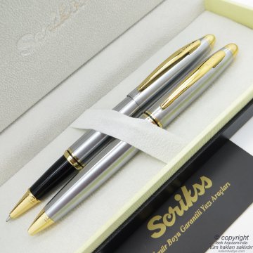 Scrikss 88 Gold Krom Roller Kalem + Tükenmez Kalem Seti | Scrikss Knight | İsme Özel Kalem | Hediye Kalem