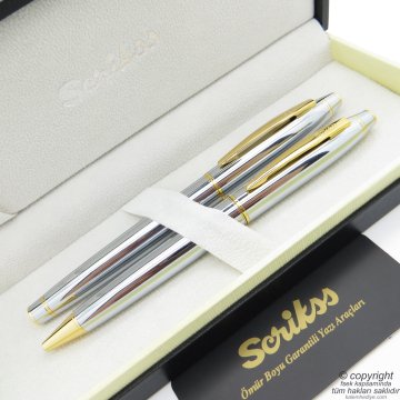 Scrikss 35 Gold Krom Roller Kalem + Tükenmez Kalem Seti | Scrikss Noble | İsme Özel Kalem | Hediye Kalem