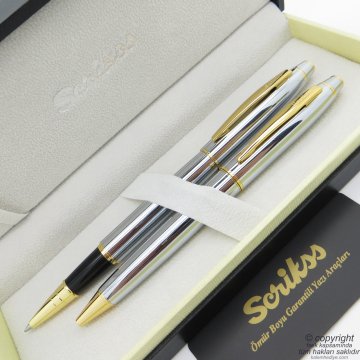 Scrikss 35 Gold Krom Roller Kalem + Tükenmez Kalem Seti | Scrikss Noble | İsme Özel Kalem | Hediye Kalem
