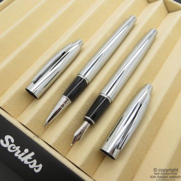 Scrikss 35 Parlak Krom Dolma Kalem + Roller Kalem Seti | Scrikss Noble | İsme Özel Kalem | Hediye Kalem