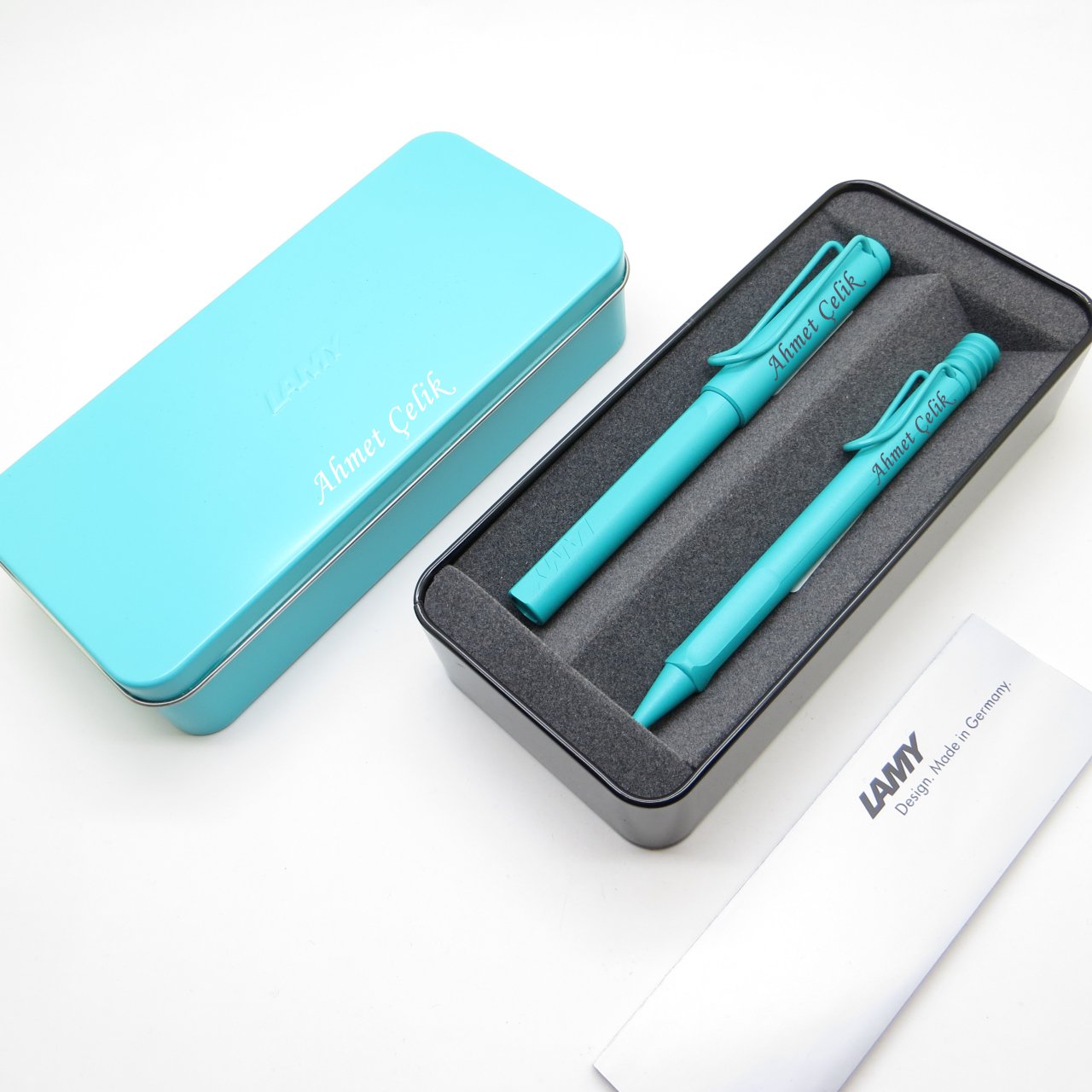 Lamy Safari Candy Aquamarine Roller Kalem + Tükenmez Kalem Seti + Metal Kutu | Lamy Kalem | Hepsi İsme Özel