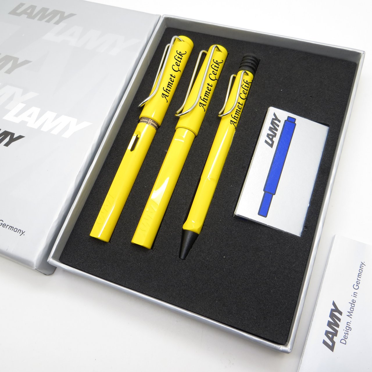 Lamy Safari Sarı Dolma Kalem + Roller Kalem + Tükenmez Kalem Set | Lamy Kalem | Hepsi İsme Özel