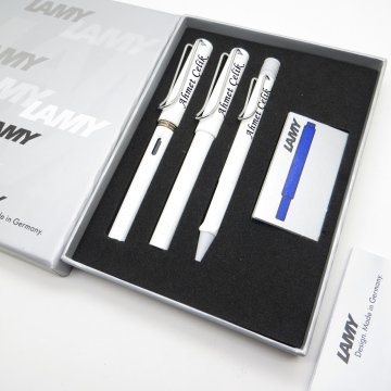 Lamy Safari Beyaz Dolma Kalem + Roller Kalem + Tükenmez Kalem Set | Lamy Kalem | Hepsi İsme Özel