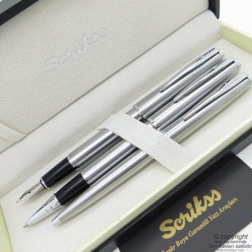 Scrikss 78M 3'lü Set Krom | Dolma Kalem + Roller Kalem + Tükenmez Kalem Seti | Scrikss Metropolis | İsme Özel Kalem | Hediye Kalem