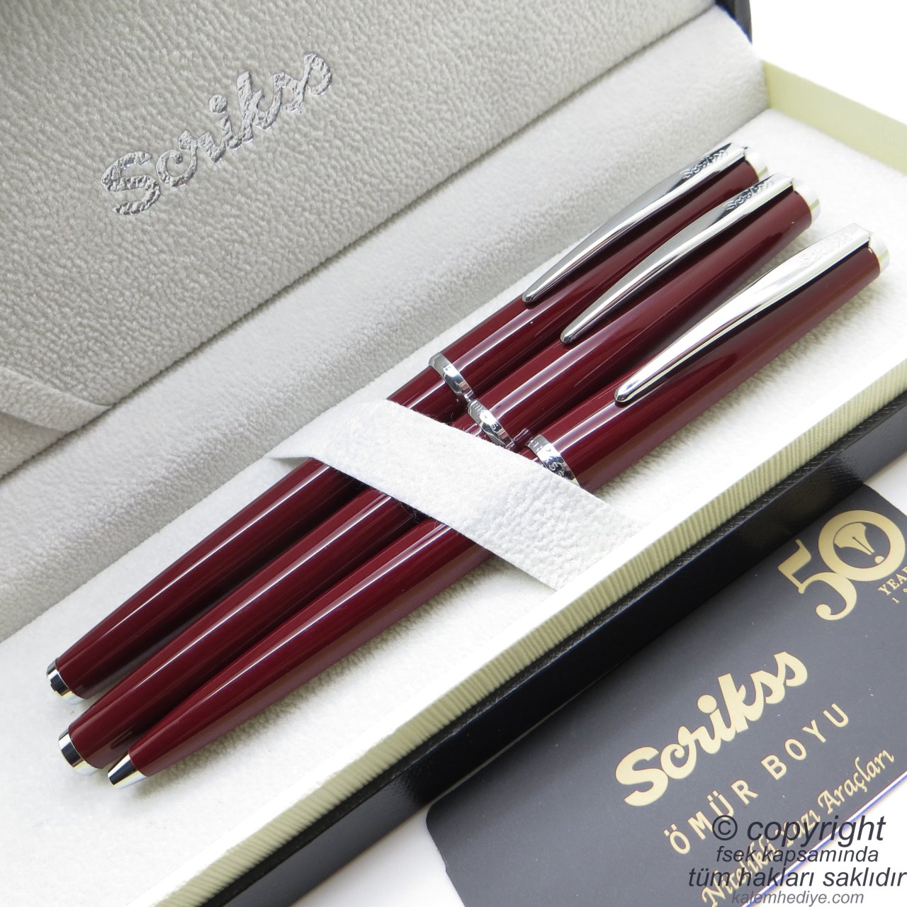 Scrikss 33 3'lü Set Bordo | Dolma Kalem + Roller Kalem + Tükenmez Kalem Set | Scrikss Vintage | Hediye Kalem