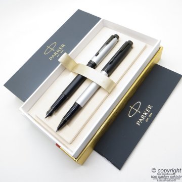 Parker IM Mat Metal Gri Siyah BT Dolma Kalem + Roller Kalem Set | İsme Özel Kalem | Hediyelik Kalem