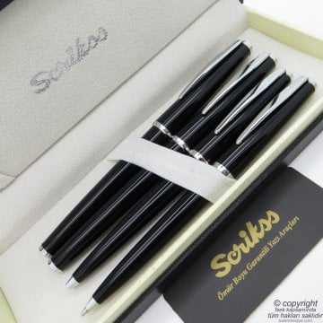 Scrikss 33 4'lü Kalem Set Siyah | Dolma Kalem + Roller Kalem + Tükenmez Kalem + Versatil Kalem Seti | İsme Özel Kalem | Hediye Kalem