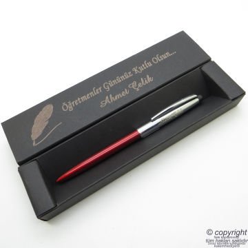 Scrikss İsme Özel Kırmızı Krom Metal Tükenmez Kalem + İsme Özel Kutu (Öğretmenler Günü veya başka bir mesaj)