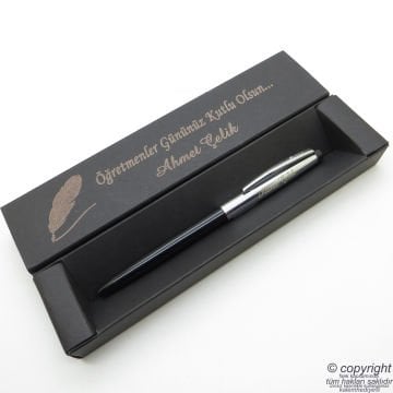 Scrikss İsme Özel Siyah Krom Metal Tükenmez Kalem + İsme Özel Kutu (Öğretmenler Günü veya başka bir mesaj)