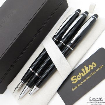 Scrikss 35 3'lü Set Siyah Ahşap Deri Kutulu | Dolma Kalem + Roller Kalem + Tükenmez Kalem Seti | Scrikss Noble | İsme Özel Kalem | Hediyelik Kalem