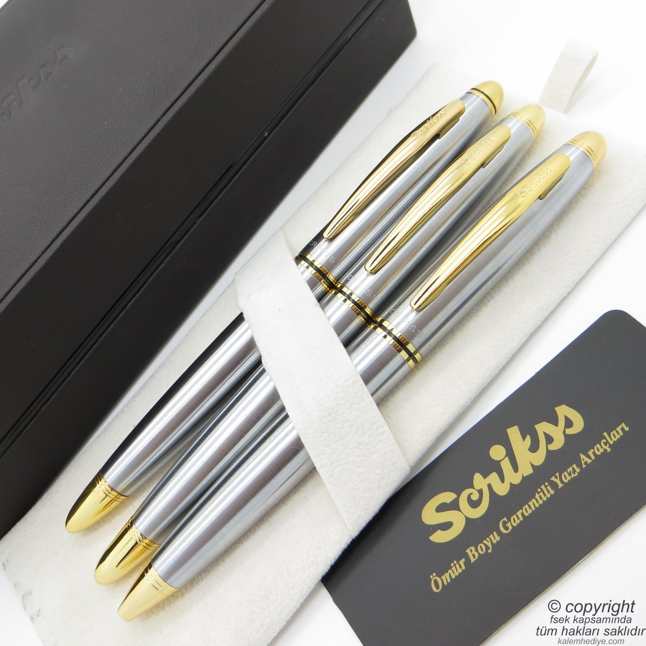 Scrikss 88 3'lü Set Gold Krom | Dolma Kalem + Roller Kalem + Tükenmez Kalem Seti | Scrikss Knight | İsme Özel Kalem | Hediyelik Kalem