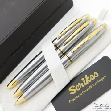 Scrikss 88 3'lü Set Gold Krom Deri Ahşap Kutulu  | Roller Kalem + Tükenmez Kalem + Versatil Kalem Seti | Scrikss Knight | İsme Özel Kalem | Hediyelik Kalem