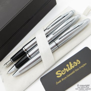 Scrikss 88 3'lü Set Krom | Dolma Kalem + Roller Kalem + Tükenmez Kalem Seti | Scrikss Knight | İsme Özel Kalem | Hediyelik Kalem