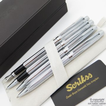 Scrikss 722W 4'lü Set Krom | Dolma Kalem + Roller Kalem + Tükenmez Kalem + Versatil Kalem Set | Scrikss Venüs | İsme Özel Kalem | Hediyelik Kalem