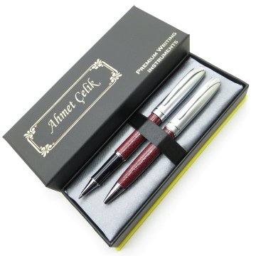 Wings Twin RT337 Mantar Bordo Krom Roller Kalem + Tükenmez Kalem Set | İsme Özel Kalem | Hediyelik Kalem Seti