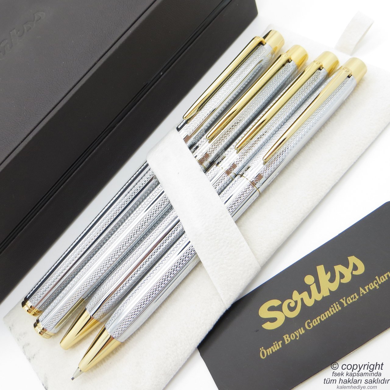 Scrikss 722W 4'lü Set Gold Krom | Dolma Kalem + Roller Kalem + Tükenmez Kalem + Versatil Kalem Seti | Scrikss Venüs | İsme Özel Kalem | Hediyelik Kalem