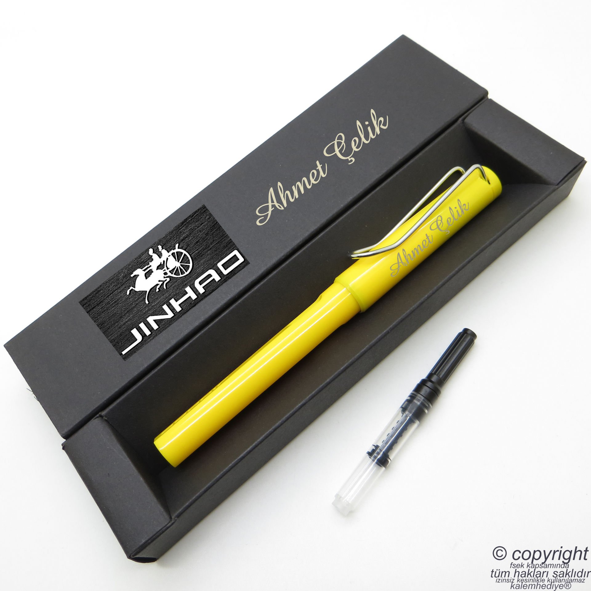Jinhao Sarı İsme Özel Pompalı Dolma Kalem | İsme Özel Kutu ve Kalem