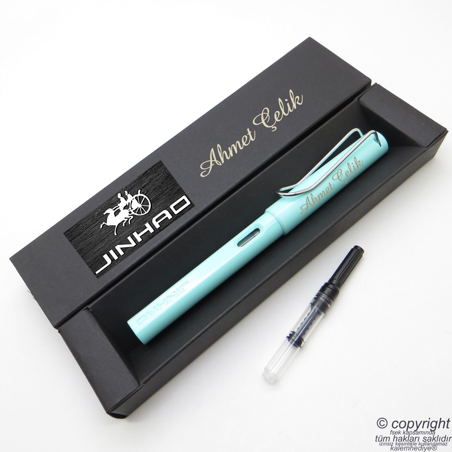 Jinhao Açık Mavi İsme Özel Pompalı Dolma Kalem | İsme Özel Kutu ve Kalem