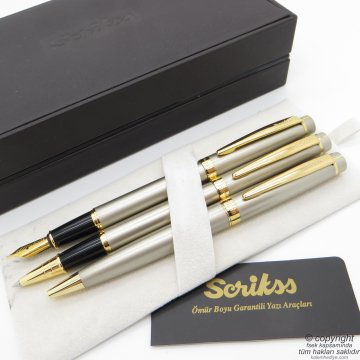 Scrikss 38 3'Lü Set Deri Ahşap Kutulu | Saten Altın Dolma Kalem + Roller Kalem + Tükenmez Kalem Seti | Scrikss Honour | İsme Özel Kalem | Hediyelik Kalem