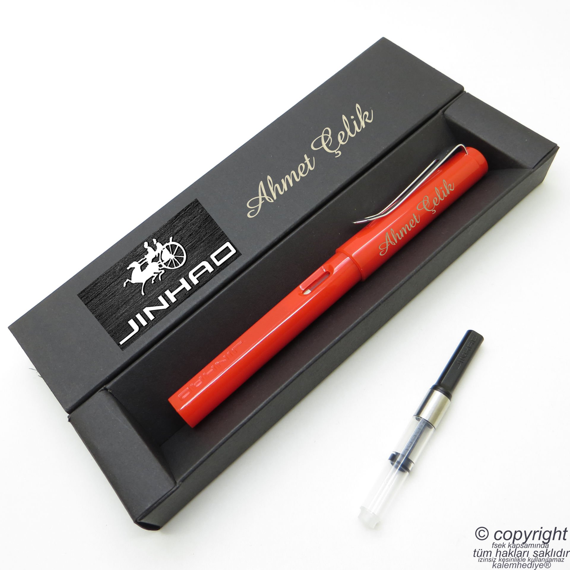Jinhao Kırmızı İsme Özel Pompalı Dolma Kalem | İsme Özel Kutu ve Kalem