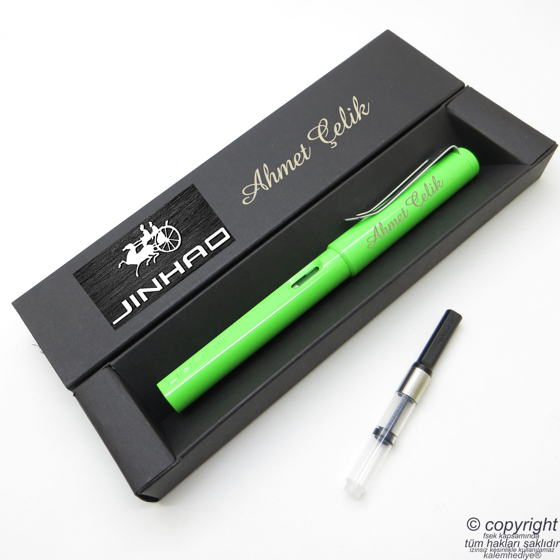 Jinhao Elma Yeşili İsme Özel Pompalı Dolma Kalem | İsme Özel Kutu ve Kalem