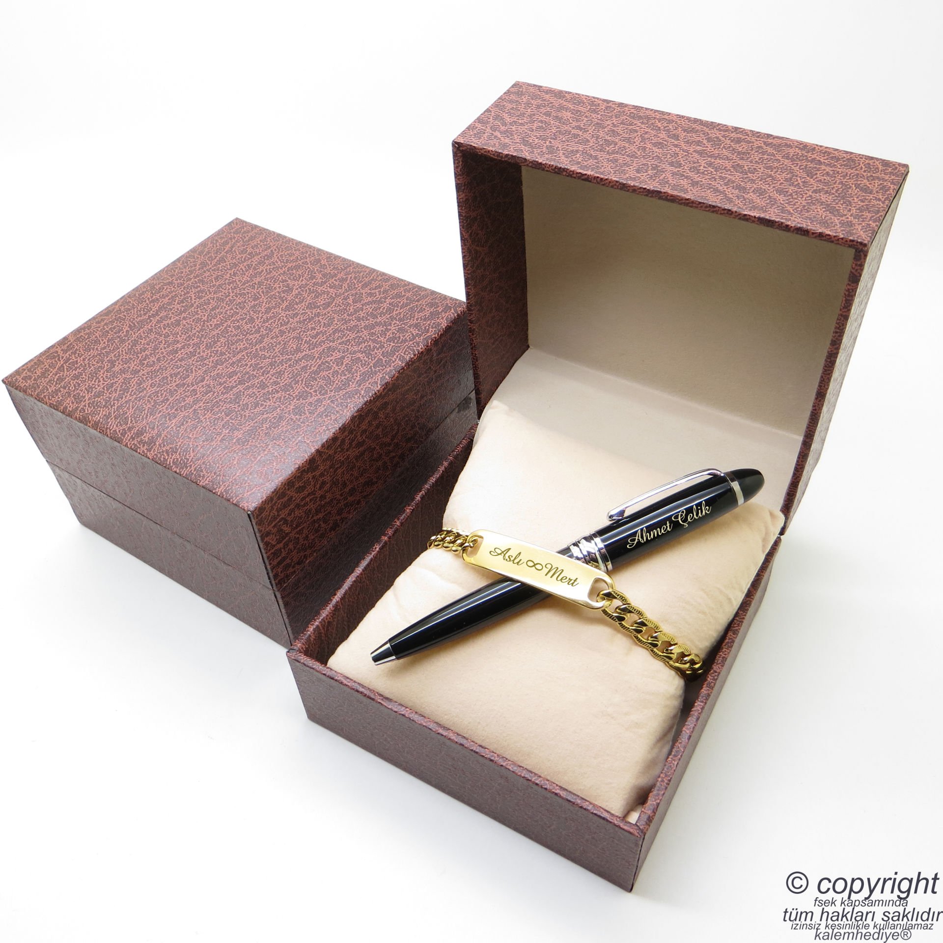 Kişiye Özel Gold Metal Unisex Bileklik + İsme Özel Mini Cep Kalemi - Hediyelik Kutulu Set