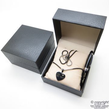 Kişiye Özel Titanyum Kalp Kolye + İsme Özel Mini Cep Kalemi - Hediyelik Kutulu Set
