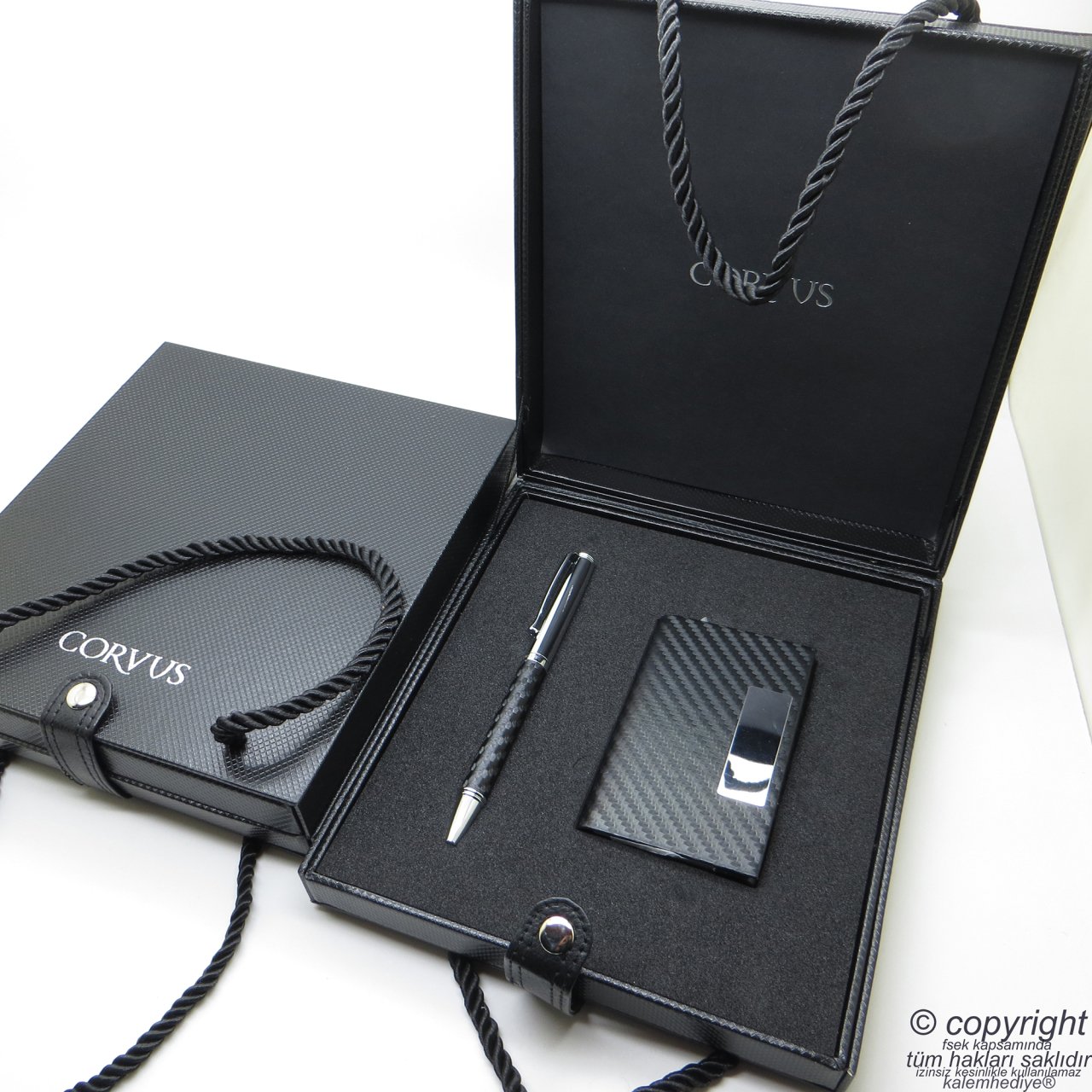 Corvus İsme Özel Hediyelik Set | Kartvizitlik + Kalem + Çantalı Kutu | İsme Özel