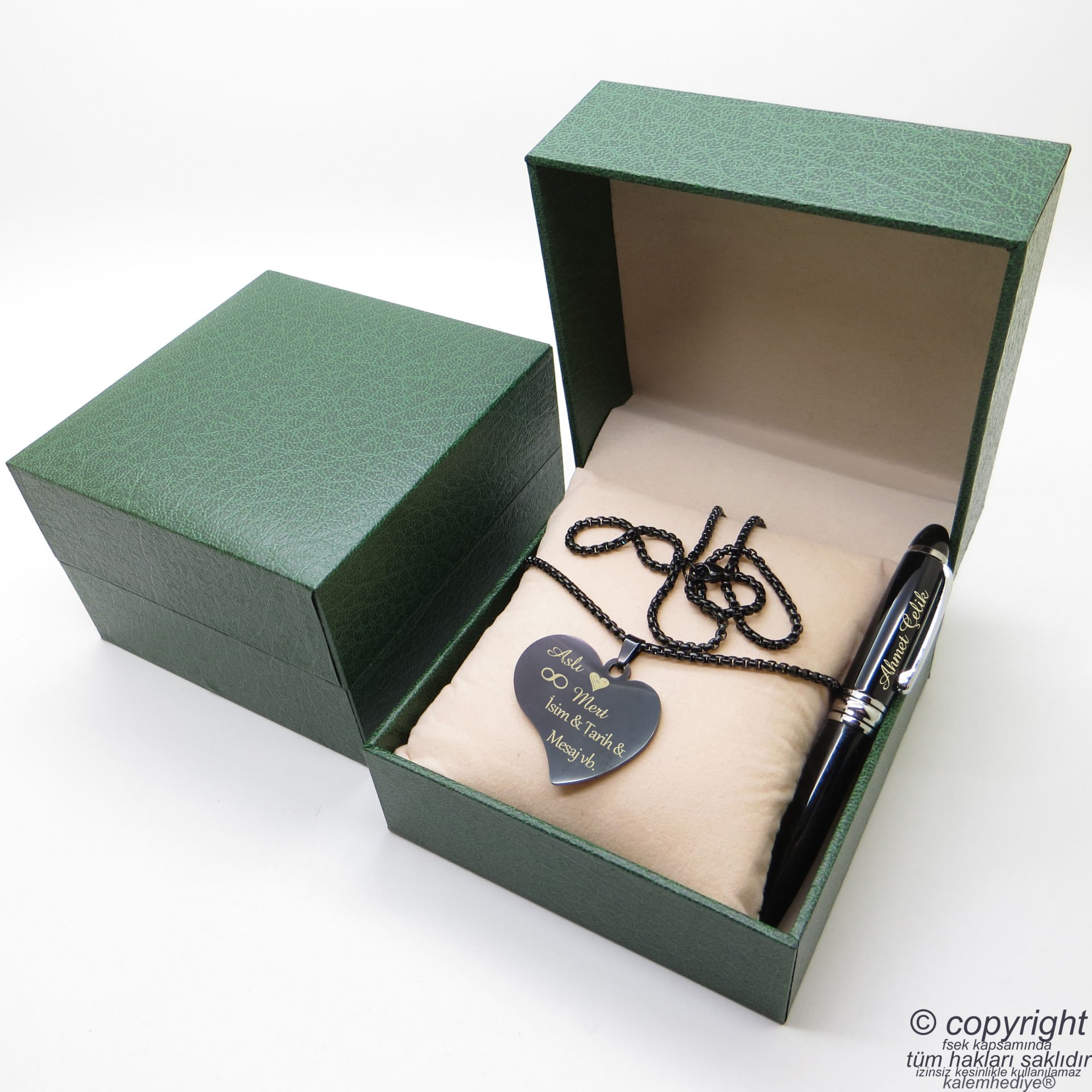 Kişiye Özel Titanyum Kalp Kolye + İsme Özel Mini Cep Kalemi - Hediyelik Kutulu Set