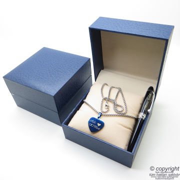 Kişiye Özel Mavi Mini Kalp Kolye + İsme Özel Mini Cep Kalemi - Hediyelik Kutulu Set