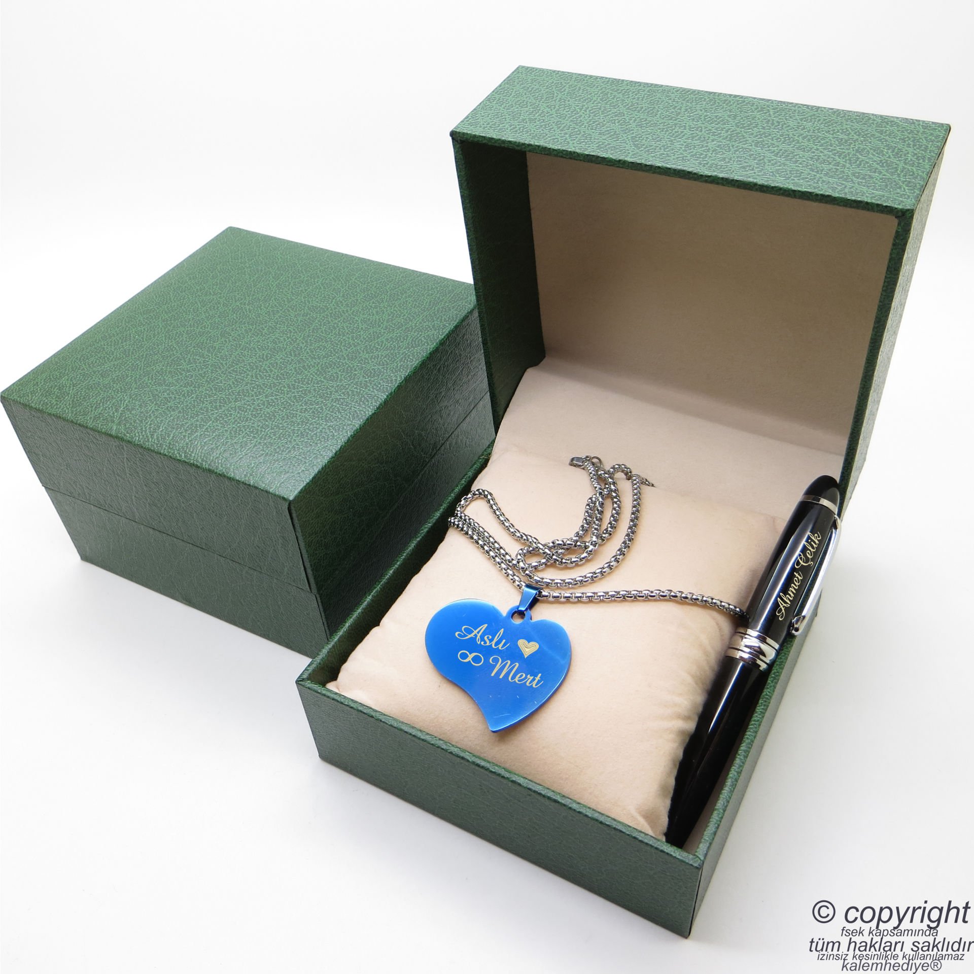 Kişiye Özel Mavi Kalp Kolye + İsme Özel Mini Cep Kalemi - Hediyelik Kutulu Set