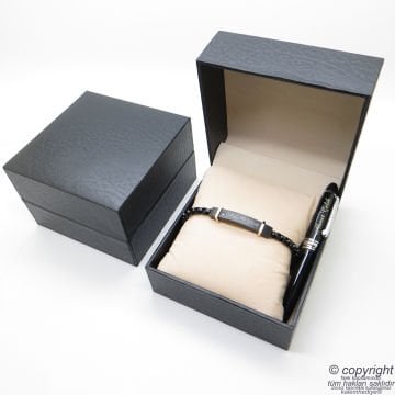 Kişiye Özel Taşlı Mat Siyah Bileklik + İsme Özel Mini Cep Kalemi - Hediyelik Kutulu Set