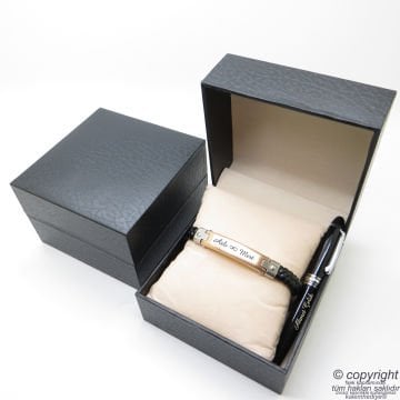Kişiye Özel Rose Gold Siyah Bileklik Unisex + İsme Özel Mini Cep Kalemi - Hediyelik Kutulu Set