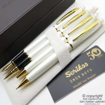 Scrikss 35 4'lü Set Beyaz Altın Ahşap Deri Kutulu | Dolma Kalem + Roller Kalem + Tükenmez Kalem +Versatil Kalem Seti | Scrikss Noble | İsme Özel Kalem | Hediyelik Kalem