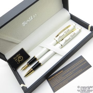 Scrikss 35 Beyaz Altın Dolma Kalem + Roller Kalem Seti | Scrikss Noble | İsme Özel Kalem | Hediye Kalem