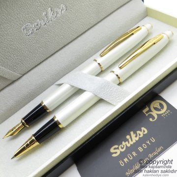 Scrikss 35 Beyaz Altın Dolma Kalem + Roller Kalem Seti | Scrikss Noble | İsme Özel Kalem | Hediye Kalem