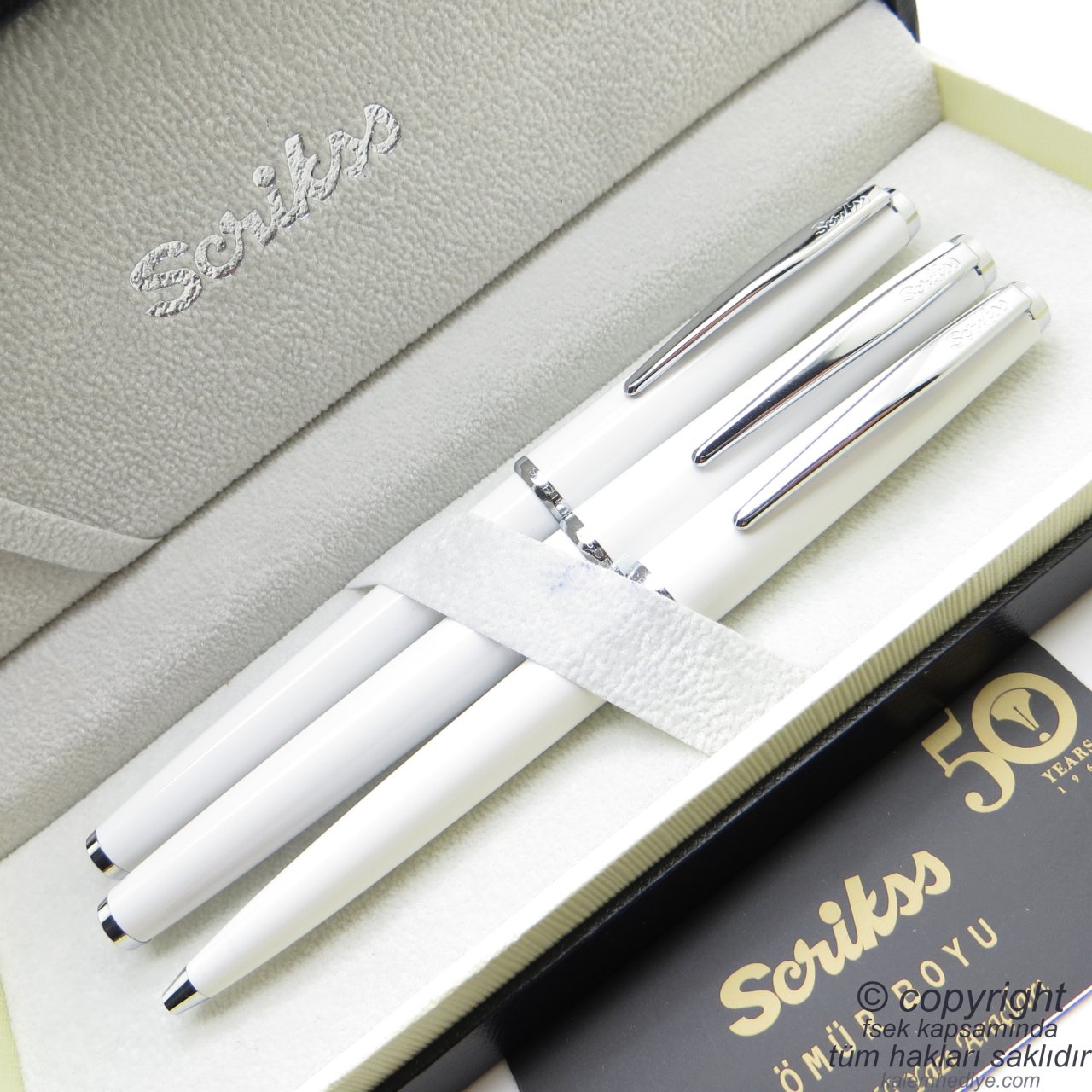 Scrikss 33 3'lü Set Beyaz | Dolma Kalem + Roller Kalem + Tükenmez Kalem Seti | Scrikss Vintage | İsme Özel Kalem | Hediye Kalem