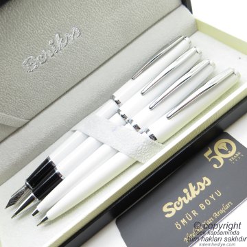 Scrikss 33 4'lü Kalem Set Beyaz | Dolma Kalem + Roller Kalem + Tükenmez Kalem + Versatil Kalem Seti | İsme Özel Kalem | Hediye Kalem