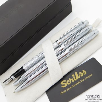 Scrikss 722W 3'lü Set Krom | Dolma Kalem + Tükenmez Kalem + Versatil Kalem Set | Scrikss Kalem | İsme Özel Kalem | Hediyelik Kalem
