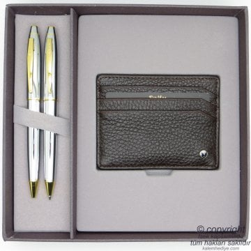Scrikss Deri Kartlıklı Gold Krom Hediye Seti MD-2051 | Deri Kartlık + Kalem Seti | Scrikss Kalem | İsme Özel Kalem | Hediyelik Set