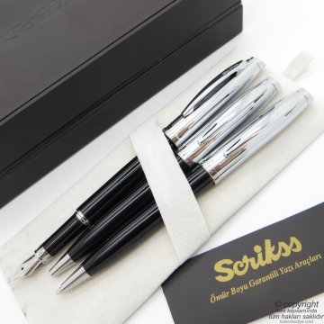 Scrikss 39 3'lü Set Siyah Krom | Dolma Kalem + Tükenmez Kalem + Versatil Kalem Set | Scrikss Kalem | İsme Özel Kalem | Hediyelik Kalem