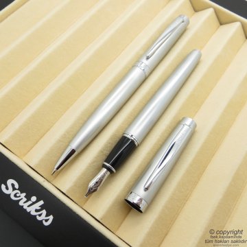 Scrikss 38 Mat Krom Dolma Kalem + Tükenmez Kalem Set | Scrikss Kalem | İsme Özel Kalem | Hediyelik Kalem