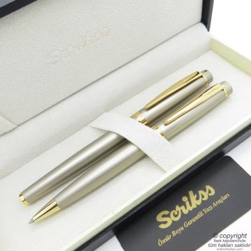 Scrikss 38 Saten Altın Dolma Kalem + Tükenmez Kalem Set | Scrikss Kalem | İsme Özel Kalem | Hediyelik Kalem