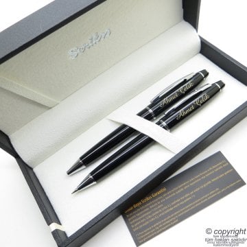 Scrikss 35 Siyah Krom Tükenmez Kalem + Versatil Kalem Set | Scrikss Kalem | İsme Özel Kalem | Hediyelik Kalem