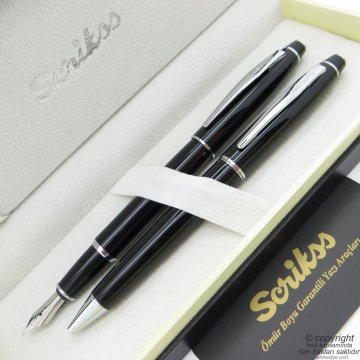 Scrikss 35 Siyah Krom Dolma Kalem + Tükenmez Kalem Set | Scrikss Kalem | İsme Özel Kalem | Hediyelik Kalem