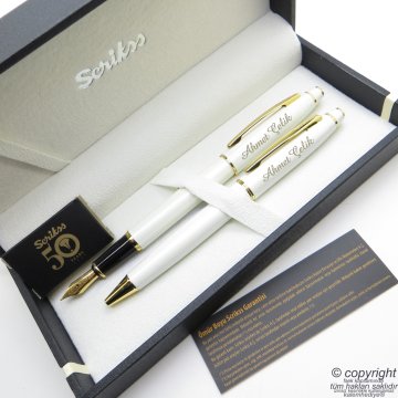 Scrikss 35 Beyaz Altın Dolma Kalem + Tükenmez Kalem Set | Scrikss Kalem | İsme Özel Kalem | Hediyelik Kalem