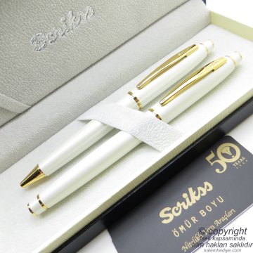 Scrikss 35 Beyaz Altın Dolma Kalem + Tükenmez Kalem Set | Scrikss Kalem | İsme Özel Kalem | Hediyelik Kalem