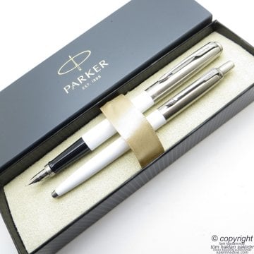 Parker Jotter Original Beyaz Dolma Kalem + Tükenmez Kalem Set | İsme Özel Kalem | Hediyelik Kalem